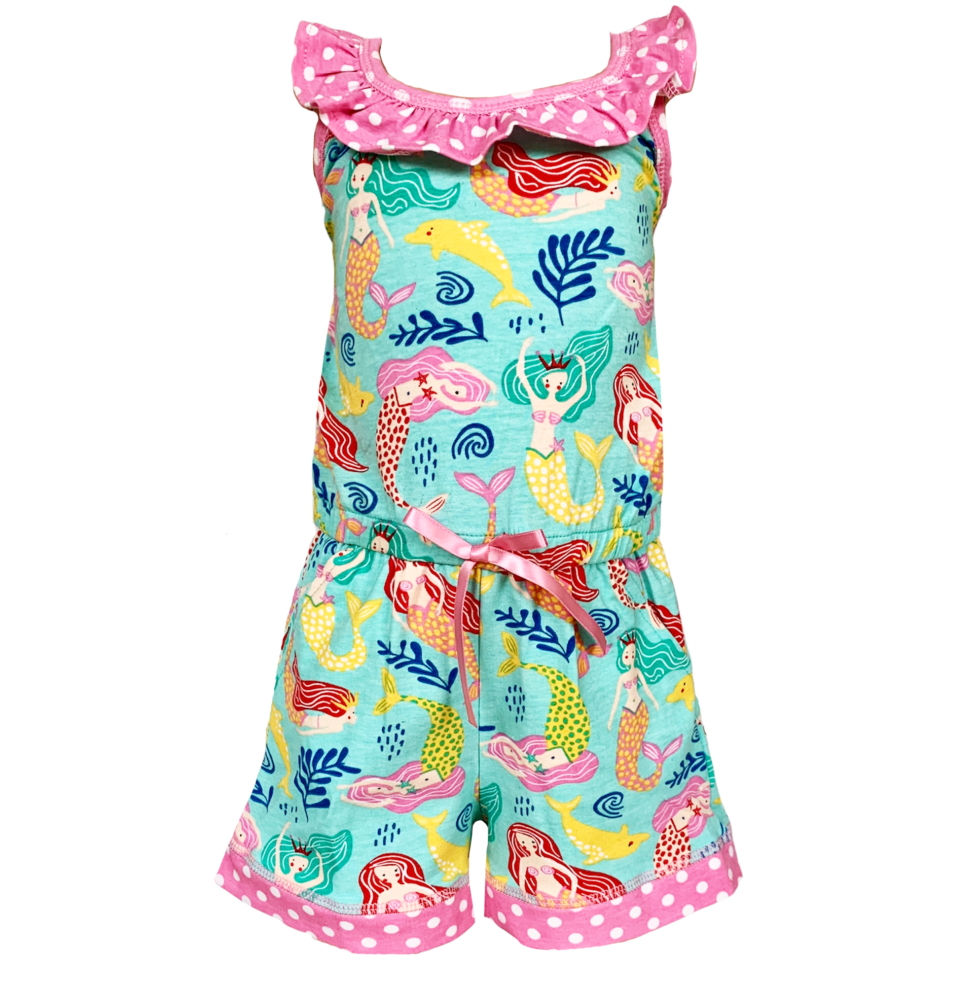 AnnLoren Girls Boutique Nautical Mermaid Jumpsuit featuring criss-cross straps and a bow, perfect for spring and summer.
